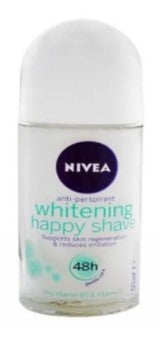 Nivea Roll-On Brightening Happy Shave, 50ml (50g), gentle underarm deodorant that soothes skin, brightens, and provides long-lasting freshness.