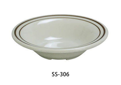 Elevate your dining experience with the Sesame Collection EcoQuality Salad Bowl. Crafted from durable, break-resistant melamine, this tan bowl with a stylish brown band combines elegance and practicality. Its round shape and 10-ounce capacity make it perfect for serving fresh salads or sides. This dinnerware is perfect for any food serving establishments.