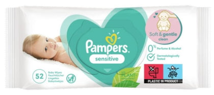 Pampers Baby Wipes Sensitive 52ct pack, gentle and hypoallergenic, cleans baby’s skin softly while keeping it fresh and comfortable.