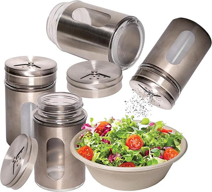 stainless steel salt and pepper shakers with window sleek design durable easy to refill transparent viewing window modern kitchen dining accessory compact size seasoning containers