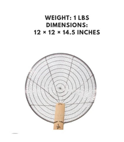 Stainless steel coarse mesh skimmer with a bamboo handle, 12 inches, perfect for lifting and straining larger food items with precision.



