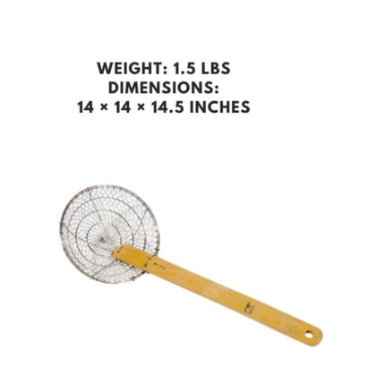 Stainless steel coarse mesh skimmer with a bamboo handle, 14 inches, designed for lifting and straining larger food items with ease.



