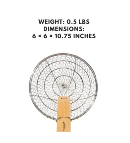 Stainless steel coarse mesh skimmer with a bamboo handle, 6 inches, perfect for lifting and straining larger food items.



