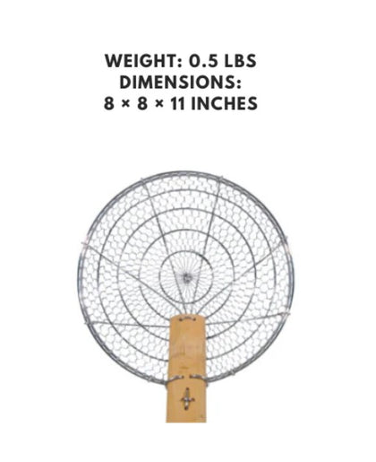 Stainless steel coarse mesh skimmer with a bamboo handle, 8 inches, designed for lifting and straining larger food items with ease.



