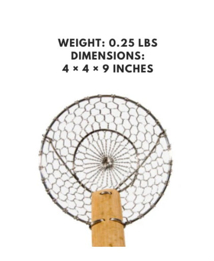 Stainless steel coarse mesh skimmer with a bamboo handle, 4 inches, ideal for lifting and straining larger food items.



