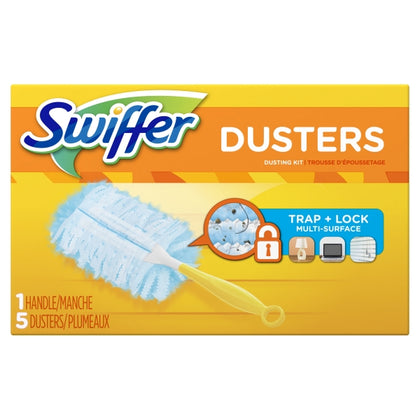 Swiffer Dusters Starter Kit includes 1 handle and 5 dusters designed to make cleaning more efficient and allergen-conscious. Each duster features specially coated fibers that reach deep into tight spaces to trap and lock in dust, pet dander, and dust mite matter—removing up to 95% of common allergens. Compact and easy to store, this lightweight cleaning tool is ideal for small spaces and quick cleanups. Swiffer Dusters not only clean surfaces but also help promote cleaner air in your home.