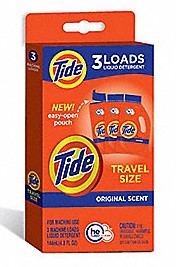 Tide Liquid Detergent Single Loads 48ml pack, 3-count set in a case of 24, providing powerful stain removal and fresh-clean laundry.