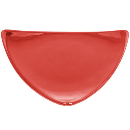 Triangular Flat Plate Red 10 1/2 inches with bold red color and modern triangular design. Durable, microwave and dishwasher safe, chip-resistant, ideal for serving appetizers, main courses, or salads.