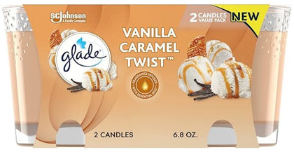 Glade Candle Vanilla Caramel, 3.4oz – scented candle with sweet vanilla and rich caramel fragrance in a decorative glass jar.