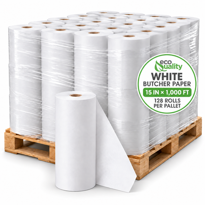 Illustrative EcoQuality white butcher paper, 15 inch by 1000 foot rolls, 128 rolls per pallet