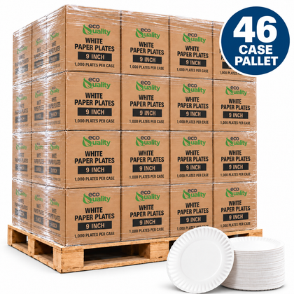 Illustrative EcoQuality white 9 inch paper plates, 46 case pallet