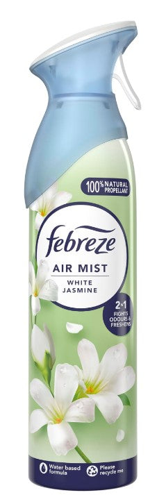 Febreze White Jasmine air freshener spray, 185ml can for eliminating odors and freshening rooms.
