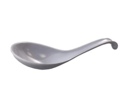 A dozen white soup spoons with hook handles, designed for easy storage and convenient use, perfect for soups and stews.



