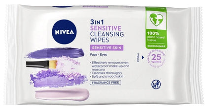 Nivea 3-in-1 Sensitive Cleansing Wipes, 25 Pack, gentle makeup remover and facial cleansing wipes for sensitive skin.