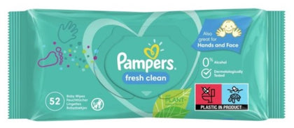 Pampers Baby Wipes Fresh Clean 52ct pack, gentle on baby’s skin, effectively cleans dirt and mess, keeps skin fresh and soft.