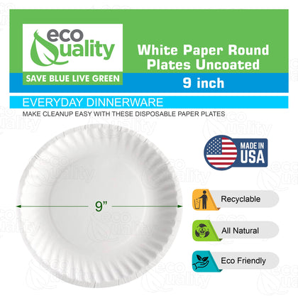 White uncoated paper plate, 9 inch round