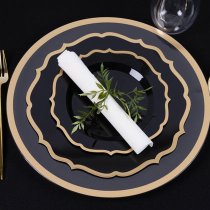 Disposable Fancy Black Plastic Plates Gold Rim Contemporary Collection (7.5inch, 10.5inch)