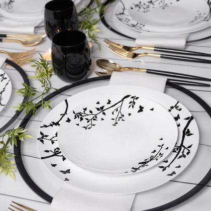 Disposable Fancy Plastic Plates White Black Spring Collection (6inch, 7.5inch, 10 inch)