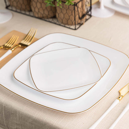 Disposable Fancy Square White Plastic Plates Gold Rim Organic Collection (6inch, 7.25inch, 8.5inch, 10 inch)